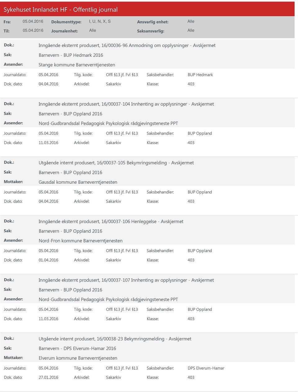 2016 Arkivdel: Sakarkiv tgående internt produsert, 16/00037-105 Bekymringsmelding - Barnevern - BP Oppland 2016 Gausdal kommune Barneverntjenesten BP Oppland Inngående eksternt produsert,