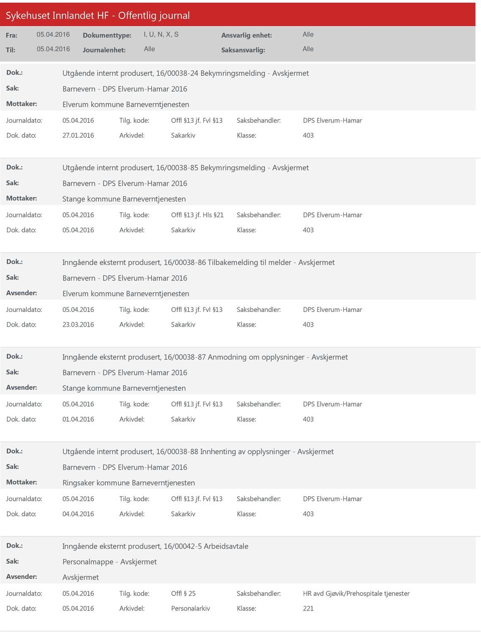 2016 Arkivdel: Sakarkiv tgående internt produsert, 16/00038-85 Bekymringsmelding - Barnevern - DPS Elverum-Hamar 2016 Stange kommune Barneverntjenesten Offl 13 jf. Hls 21 DPS Elverum-Hamar Dok.