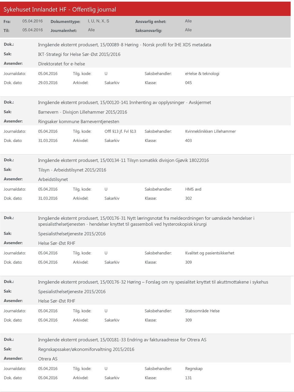 Lillehammer Dok. dato: 31.03.2016 Arkivdel: Sakarkiv Inngående eksternt produsert, 15/00134-11 Tilsyn somatikk divisjon Gjøvik 18022016 Tilsyn - Arbeidstilsynet 2015/2016 Arbeidstilsynet HMS avd Dok.