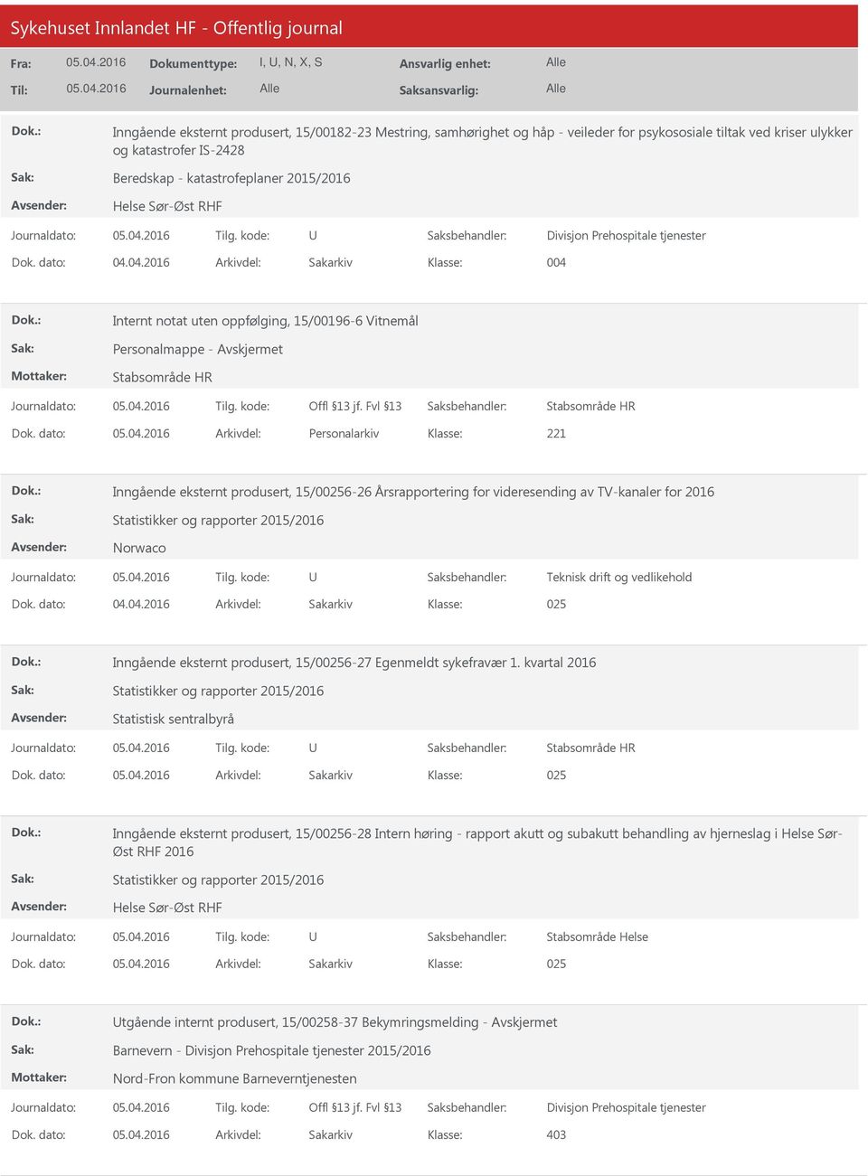 dato: Arkivdel: Personalarkiv Inngående eksternt produsert, 15/00256-26 Årsrapportering for videresending av TV-kanaler for 2016 Statistikker og rapporter 2015/2016 Norwaco Teknisk drift og