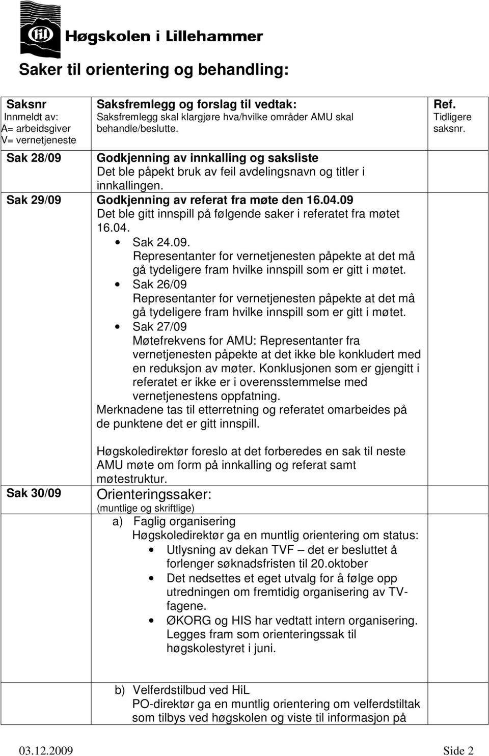 09 Det ble gitt innspill på følgende saker i referatet fra møtet 16.04. Sak 24.09. Representanter for vernetjenesten påpekte at det må gå tydeligere fram hvilke innspill som er gitt i møtet.