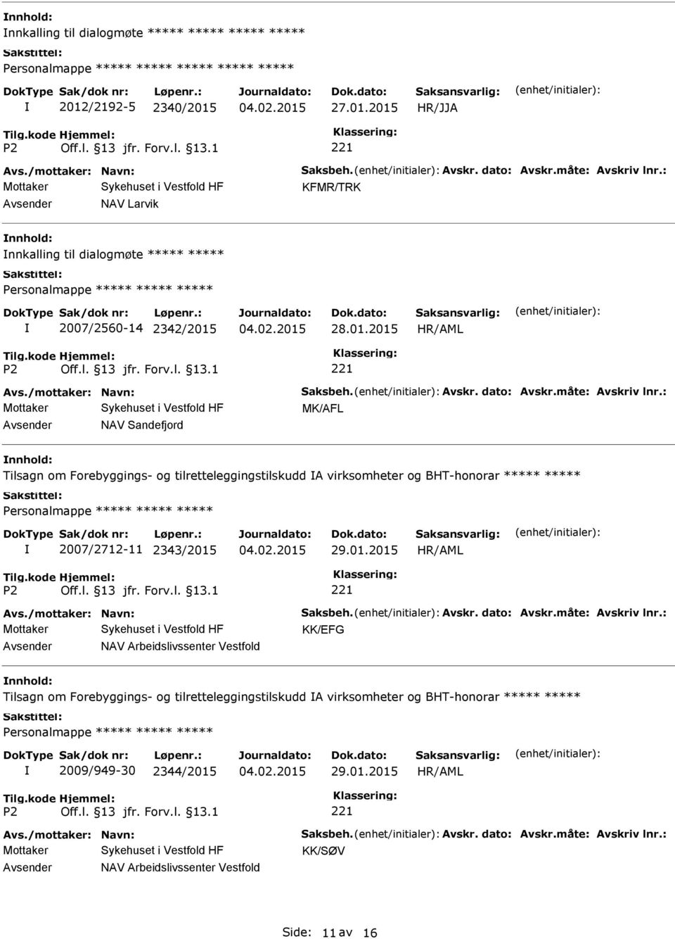 : MK/AFL NAV Sandefjord Tilsagn om Forebyggings- og tilretteleggingstilskudd A virksomheter og BHT-honorar Personalmappe 2007/2712-11 2343/2015 29.01.2015 Avs./mottaker: Navn: Saksbeh. Avskr.