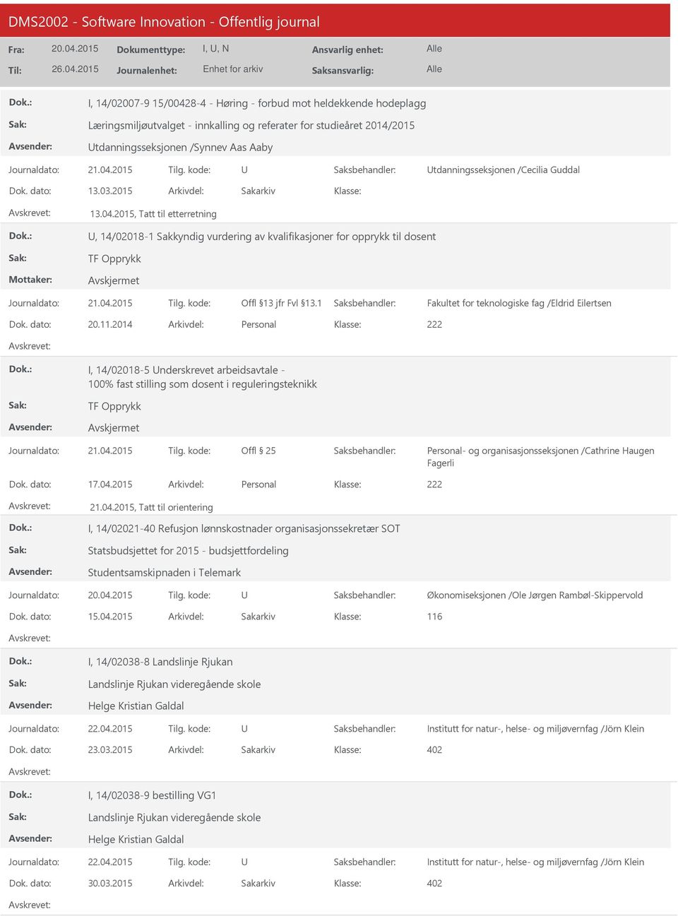 2015, Tatt til etterretning, 14/02018-1 Sakkyndig vurdering av kvalifikasjoner for opprykk til dosent TF Opprykk Fakultet for teknologiske fag /Eldrid Eilertsen 20.11.