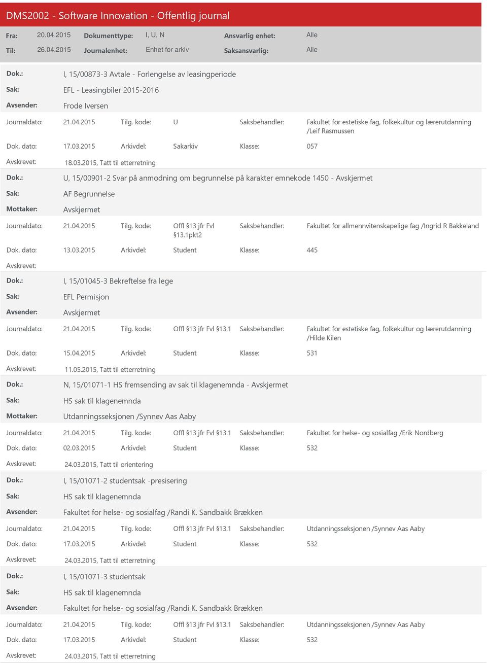 1pkt2 Fakultet for allmennvitenskapelige fag /Ingrid R Bakkeland 13.03.2015 Student 445 I, 15/01045-3 Bekreftelse fra lege EFL Permisjon /Hilde Kilen 15.04.2015 Student 11.05.