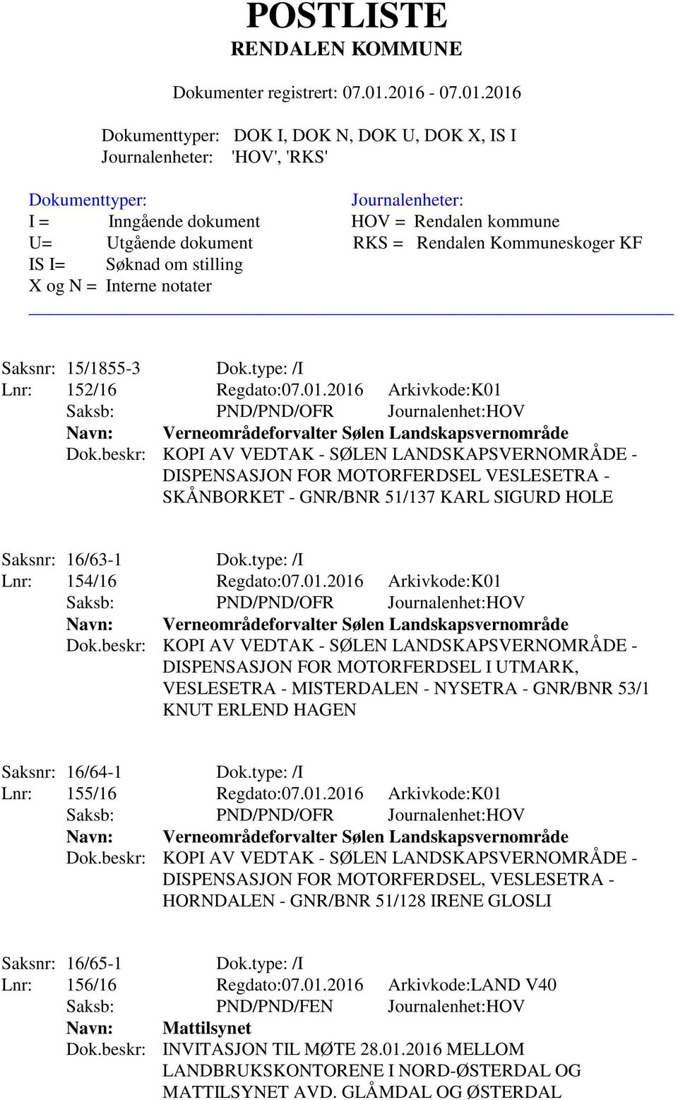 beskr: KOPI AV VEDTAK - SØLEN LANDSKAPSVERNOMRÅDE - DISPENSASJON FOR MOTORFERDSEL VESLESETRA - SKÅNBORKET - GNR/BNR 51/137 KARL SIGURD HOLE Saksnr: 16/63-1 Dok.type: /I Lnr: 154/16 Regdato:07.01.