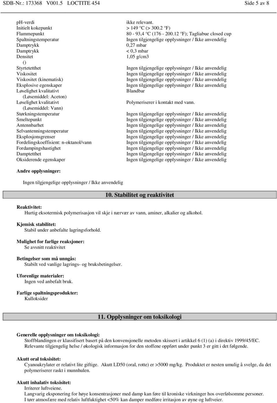 Løselighet kvalitativt (Løsemiddel: Aceton) Løselighet kvalitativt (Løsemiddel: Vann) Størkningstemperatur Smeltepunkt Antennbarhet Selvantenningstemperatur Eksplosjonsgrenser Fordelingskoeffisient: