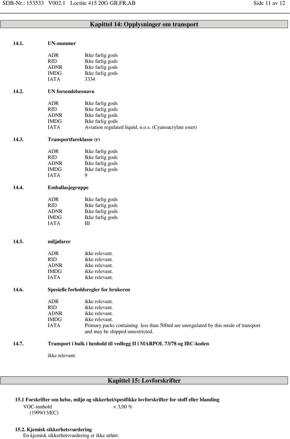 Spesielle forholdsregler for brukeren ADR RID ADNR IMDG IATA Primary packs containing less than 500ml are unregulated by this mode of transport and may be shipped unrestricted. 14.7.