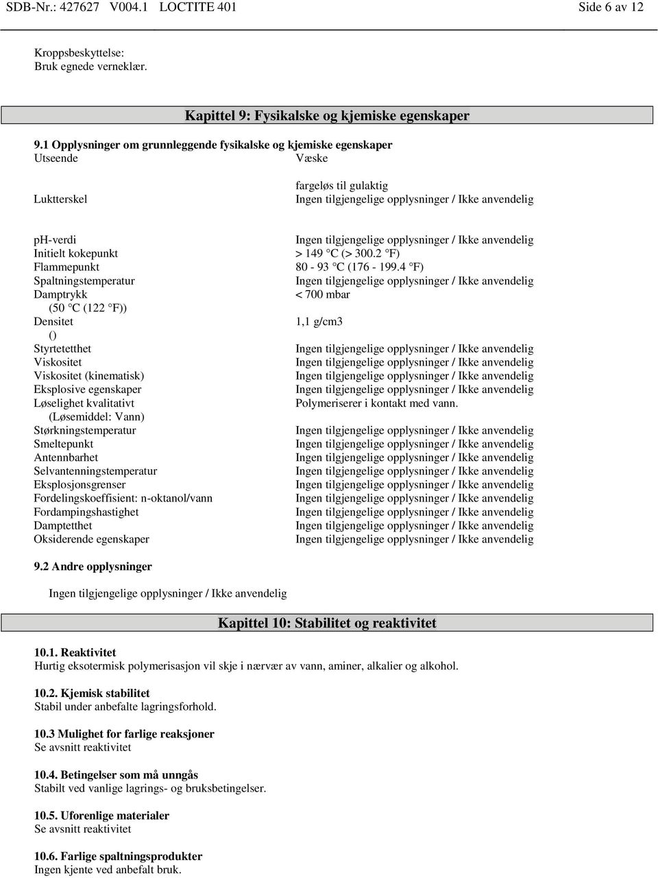 F)) Densitet () Styrtetetthet Viskositet Viskositet (kinematisk) Eksplosive egenskaper Løselighet kvalitativt (Løsemiddel: Vann) Størkningstemperatur Smeltepunkt Antennbarhet Selvantenningstemperatur