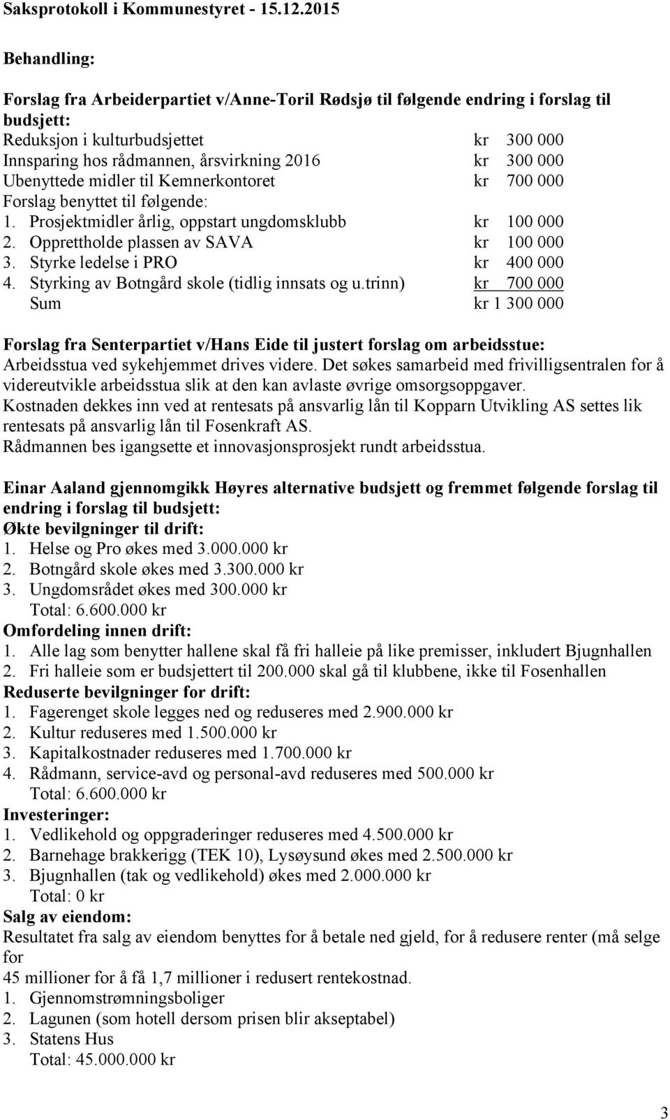 000 Ubenyttede midler til Kemnerkontoret kr 700 000 Forslag benyttet til følgende: 1. Prosjektmidler årlig, oppstart ungdomsklubb kr 100 000 2. Opprettholde plassen av SAVA kr 100 000 3.