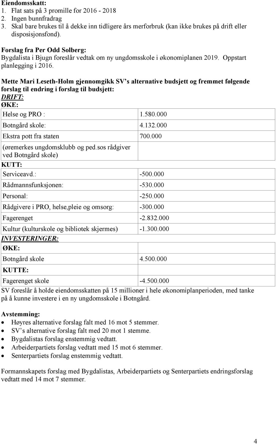 Mette Mari Leseth-Holm gjennomgikk SV s alternative budsjett og fremmet følgende forslag til endring i forslag til budsjett: DRIFT: ØKE: Helse og PRO : 1.580.000 Botngård skole: 4.132.