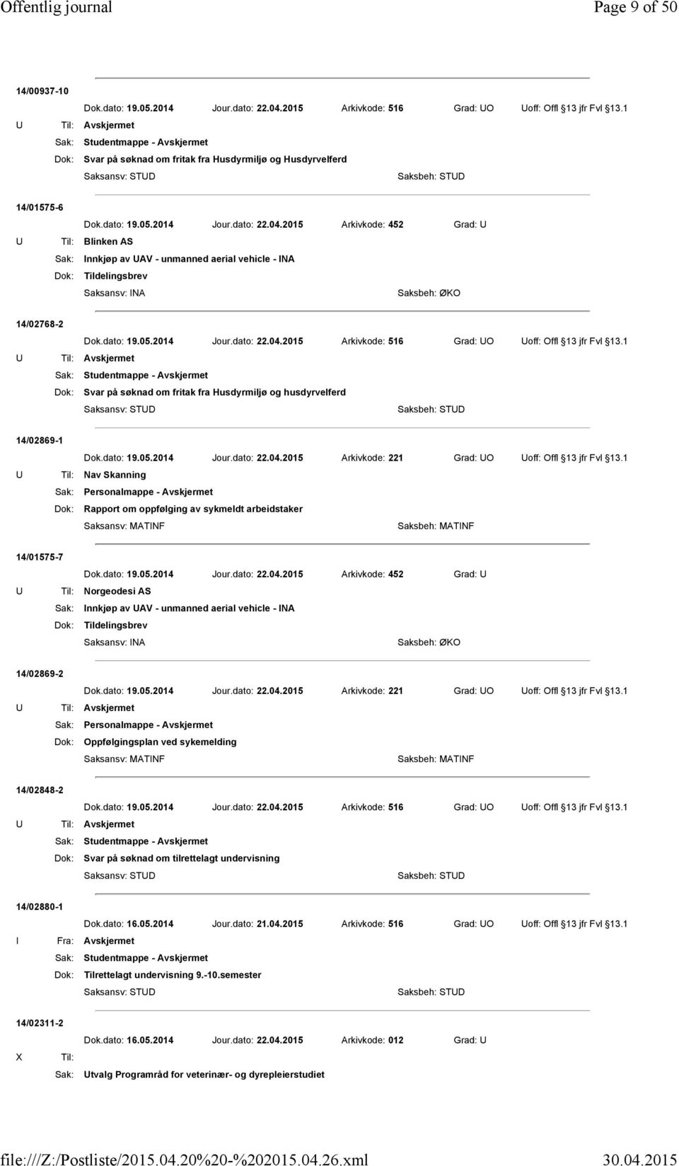 2015 Arkivkode: 452 Grad: U U Til: Blinken AS Sak: Innkjøp av UAV - unmanned aerial vehicle - INA Dok: Tildelingsbrev Saksbeh: ØKO 14/02768-2 Dok.dato: 19.05.2014 Jour.dato: 22.04.