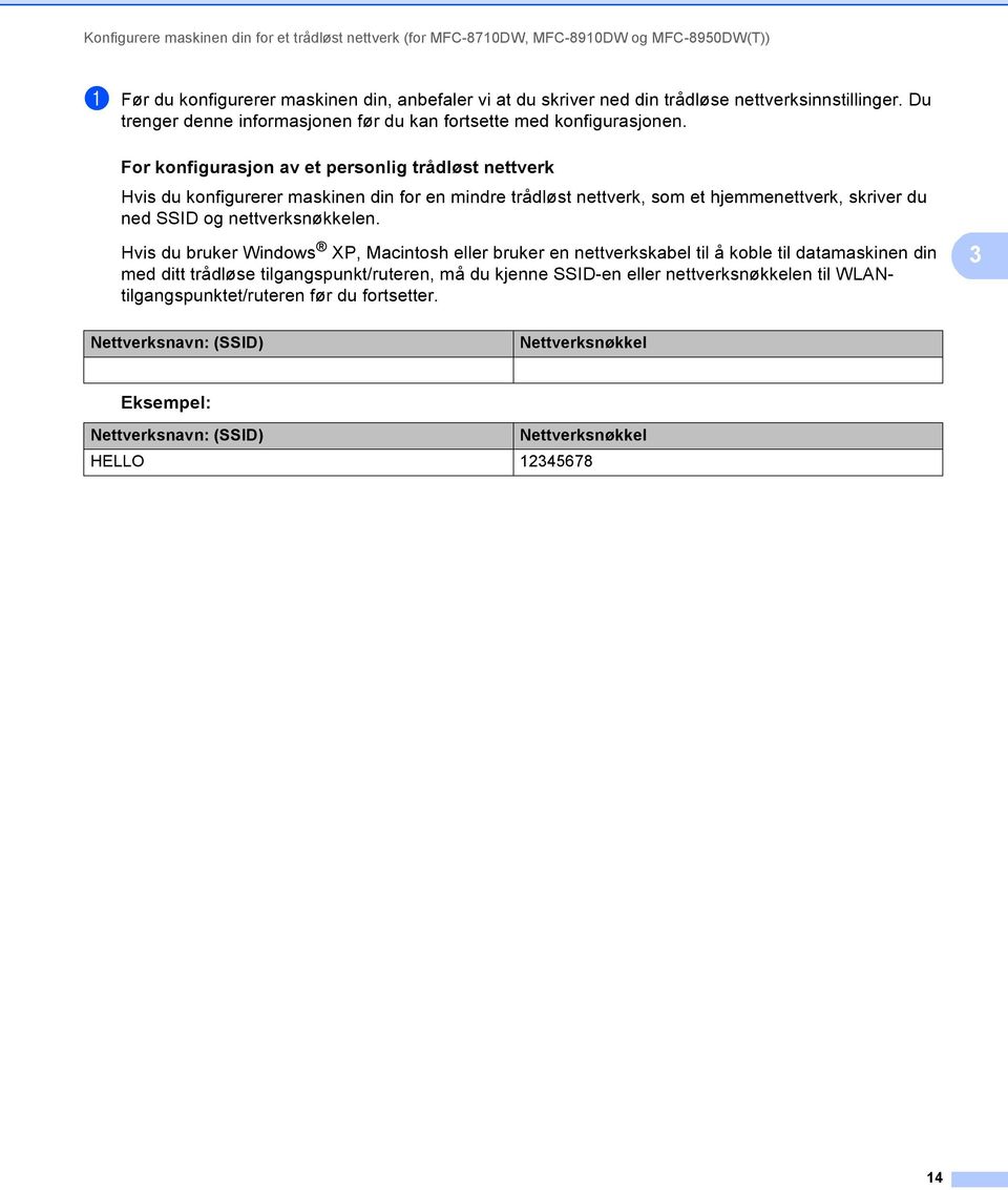 For konfigurasjon av et personlig trådløst nettverk 3 Hvis du konfigurerer maskinen din for en mindre trådløst nettverk, som et hjemmenettverk, skriver du ned SSID og nettverksnøkkelen.