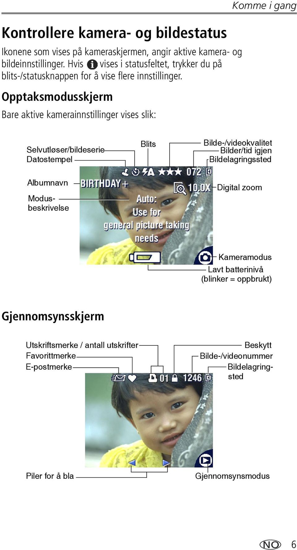 Opptaksmodusskjerm Bare aktive kamerainnstillinger vises slik: Komme i gang Selvutløser/bildeserie Datostempel Blits Bilde-/videokvalitet Bilder/tid igjen