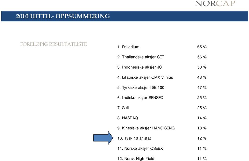 Litauiske aksjer OMX Vilnius 48 % 5. Tyrkiske aksjer ISE 100 47 % 6.