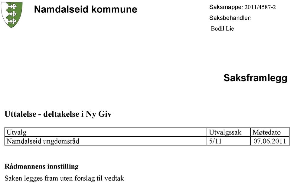 Utvalg Utvalgssak Møtedato Namdalseid ungdomsråd 5/11 07.06.