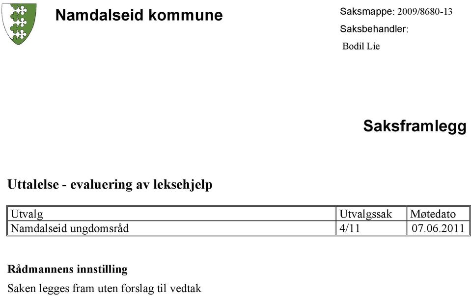 Utvalg Utvalgssak Møtedato Namdalseid ungdomsråd 4/11 07.06.