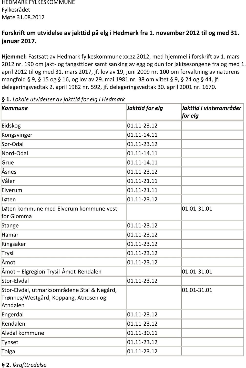 100 om forvaltning av naturens mangfold 9, 15 og 16, og lov av 29. mai 1981 nr. 38 om viltet 9, 24 og 44, jf. delegeringsvedtak 2. april 1982 nr. 592, jf. delegeringsvedtak 30. april 2001 nr. 1670. 1. Lokale utvidelser av jakttid for elg i Hedmark Kommune Jakttid for elg Jakttid i vinterområder for elg Eidskog 01.