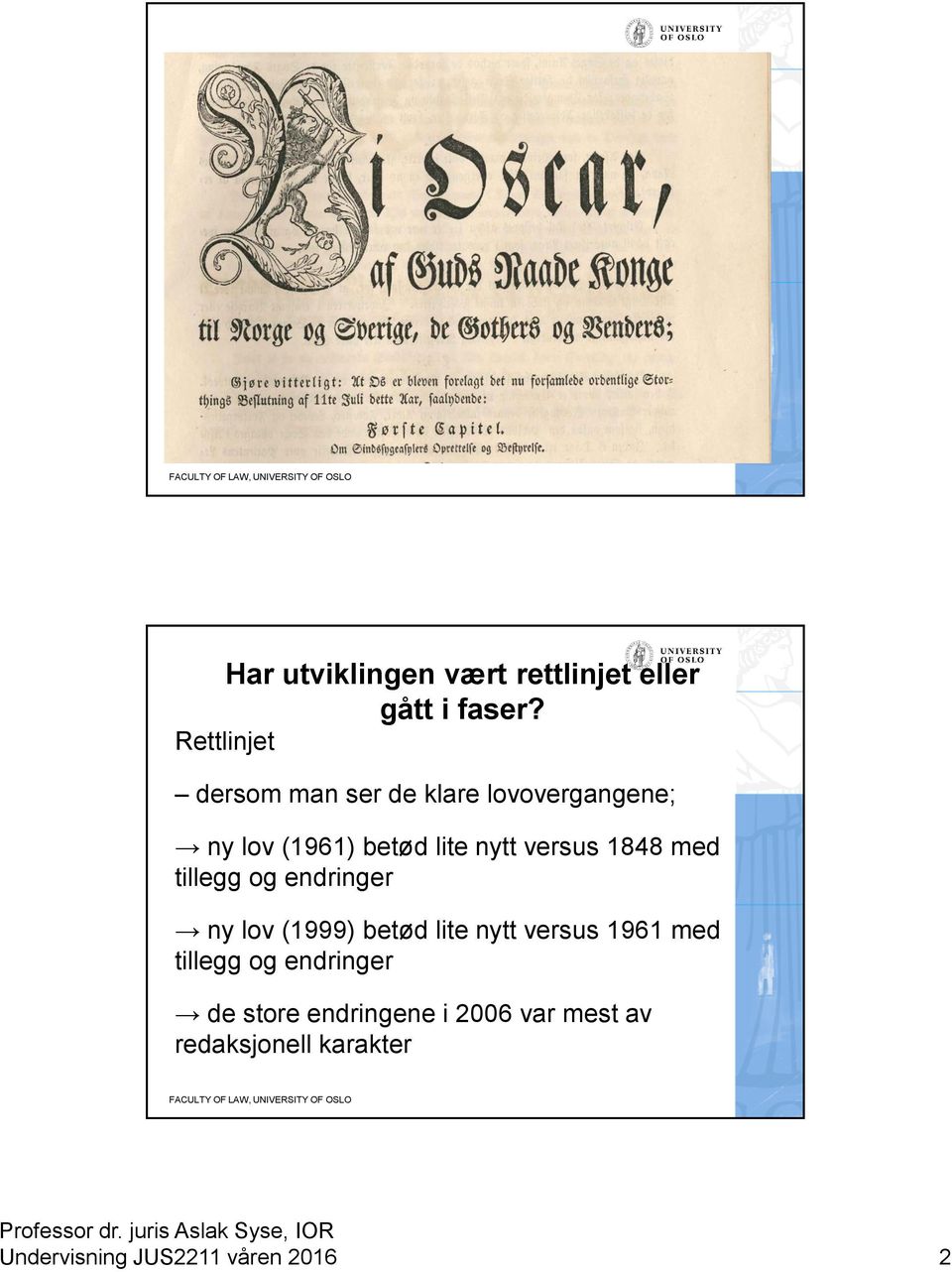 versus 1848 med tillegg og endringer ny lov (1999) betød lite nytt versus 1961 med