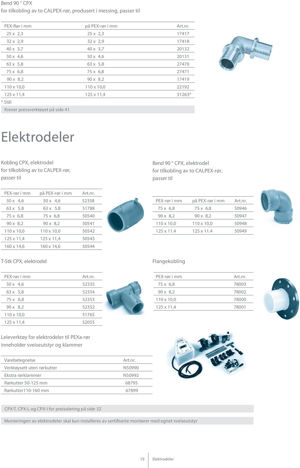 x 11,4 125 x 11,4 31263* * Stål Krever pressverktøyet på side 41 Elektrodeler Kobling CPX, elektrodel for tilkobling av to CALPEX-rør, passer til Bend 90 CPX, elektrodel for tilkobling av to