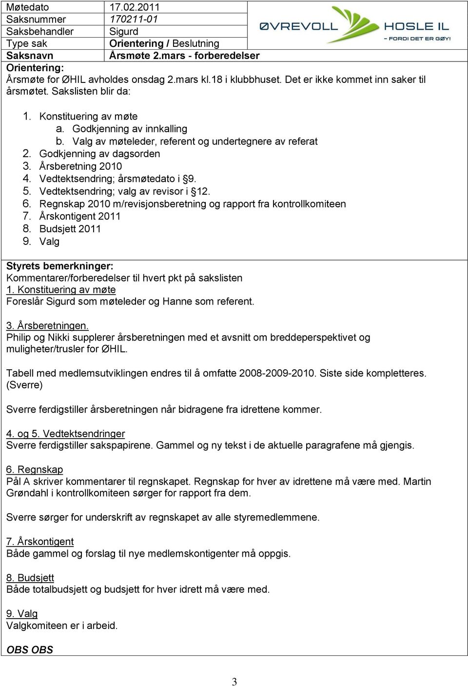 Vedtektsendring; årsmøtedato i 9. 5. Vedtektsendring; valg av revisor i 12. 6. Regnskap 2010 m/revisjonsberetning og rapport fra kontrollkomiteen 7. Årskontigent 2011 8. Budsjett 2011 9.