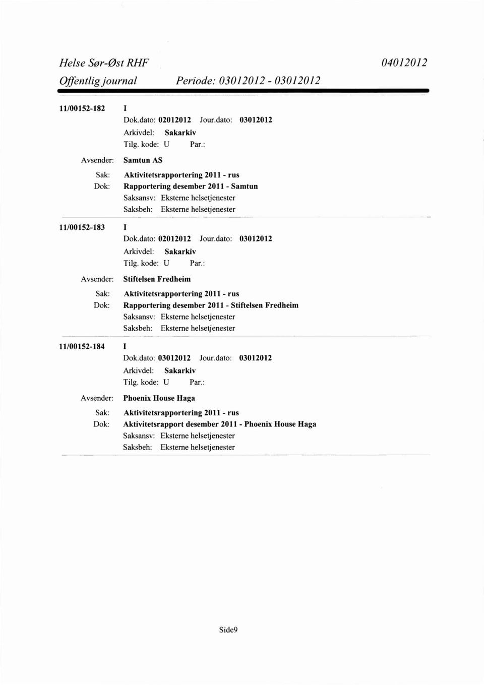 2011 - rus Dok: Rapportering desember 2011 - Stiftelsen Fredheim 11/00152-184 I Avsender: Phoenix