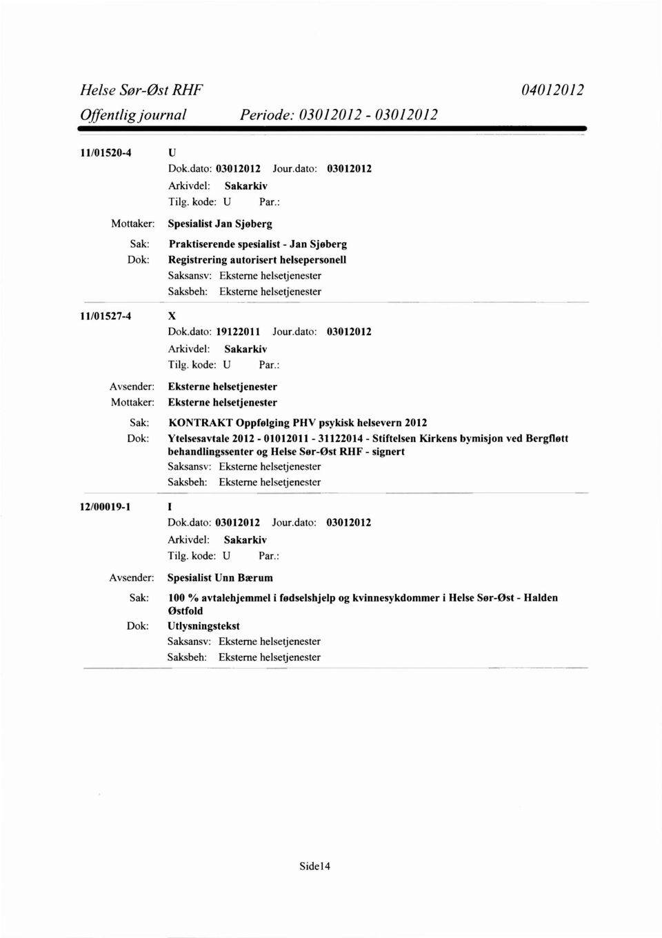 : Avsender: Eksterne helsetjenester Mottaker: Eksterne helsetjenester 12/00019-1 1 Sak: KONTRAKT Oppfølging PHV psykisk helsevern 2012 Dok: Ytelsesavtale 2012-01012011 - 31122014 - Stiftelsen Kirkens