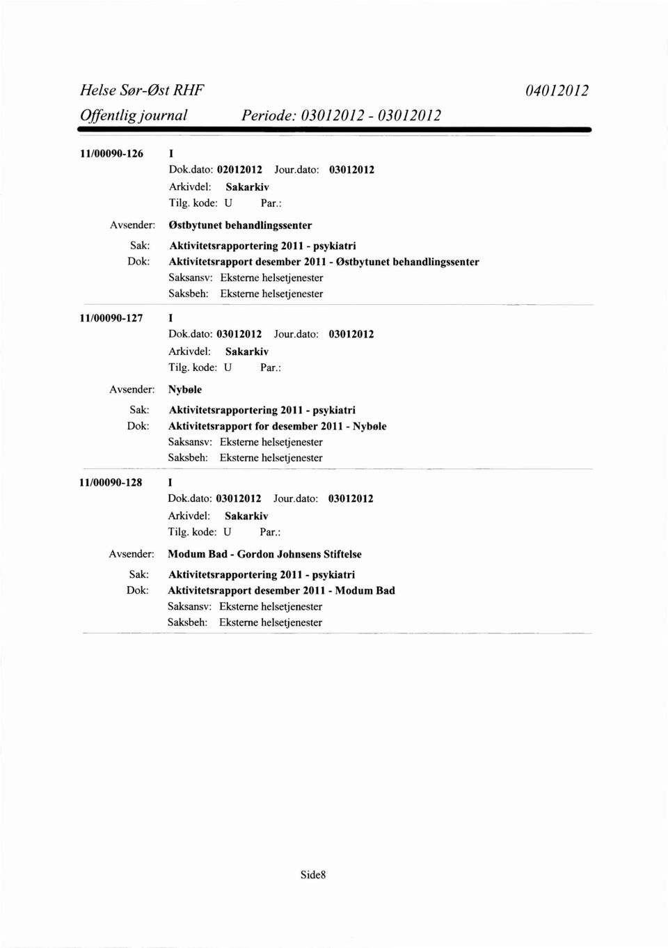 Aktivitetsrapportering 2011 - psykiatri Dok: Aktivitetsrapport for desember 2011 - Nybøle 11/00090-128 I