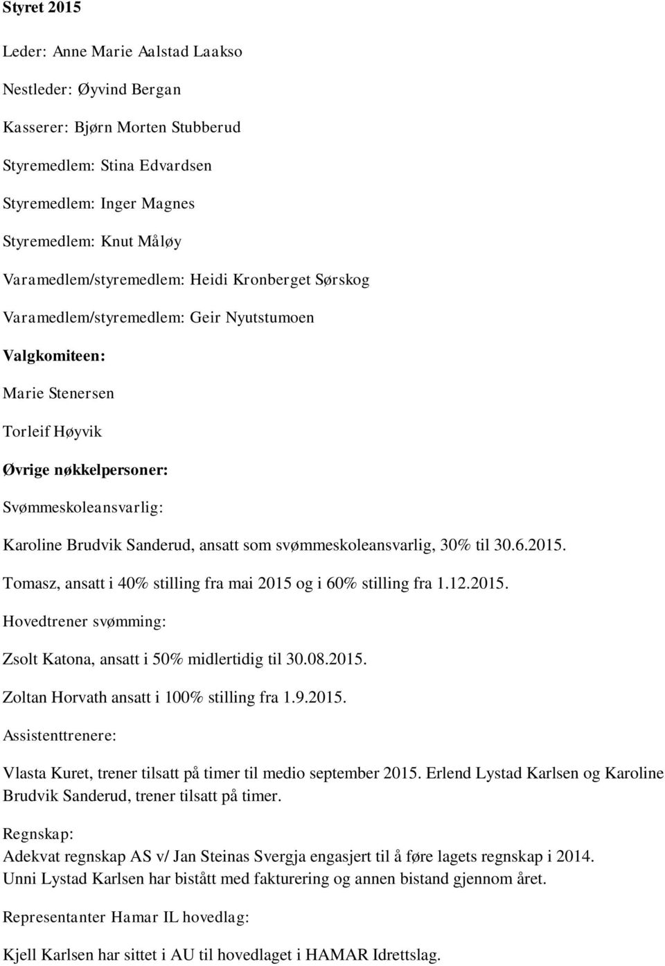 Sanderud, ansatt som svømmeskoleansvarlig, 30% til 30.6.2015. Tomasz, ansatt i 40% stilling fra mai 2015 og i 60% stilling fra 1.12.2015. Hovedtrener svømming: Zsolt Katona, ansatt i 50% midlertidig til 30.