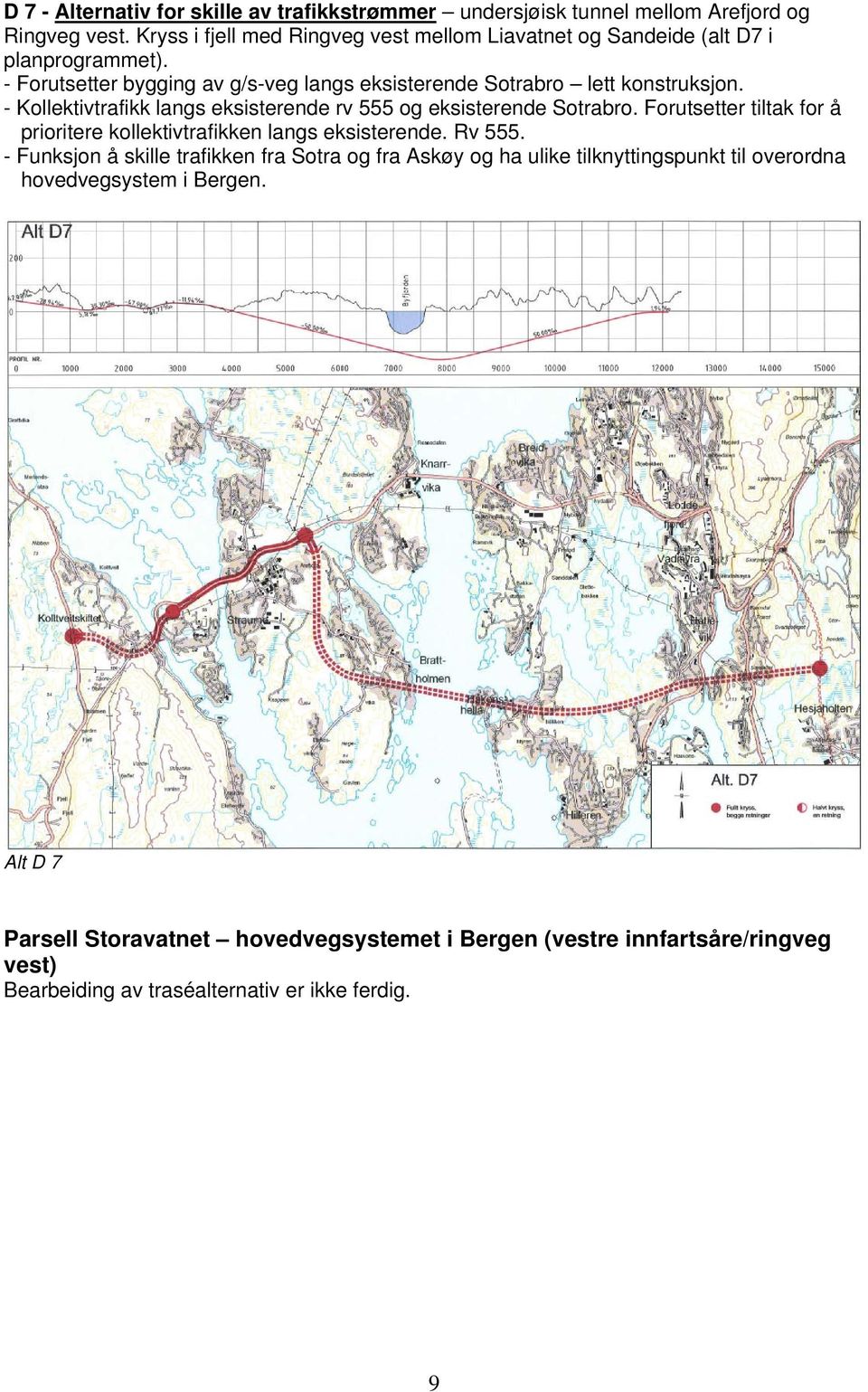 - Kollektivtrafikk langs eksisterende rv 555 og eksisterende Sotrabro. Forutsetter tiltak for å prioritere kollektivtrafikken langs eksisterende. Rv 555.