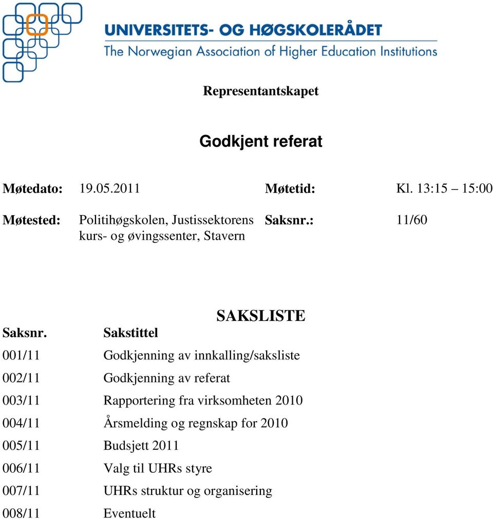 Sakstittel SAKSLISTE 001/11 Godkjenning av innkalling/saksliste 002/11 Godkjenning av referat 003/11 Rapportering