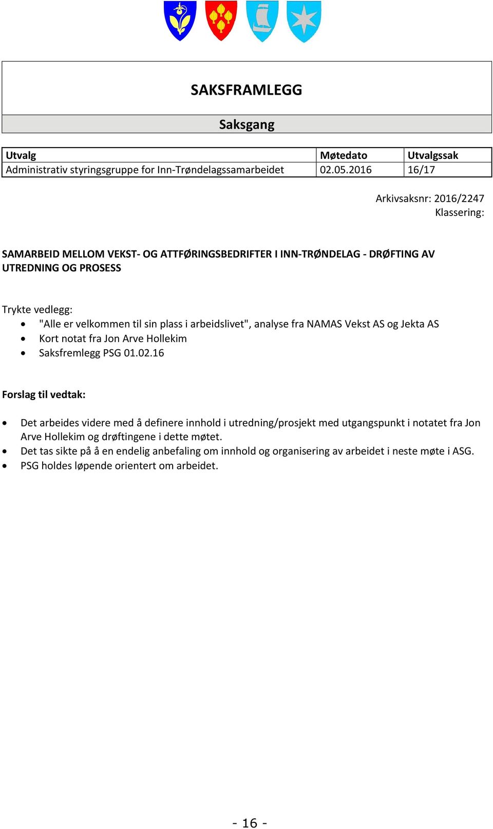 sin plass i arbeidslivet", analyse fra NAMAS Vekst AS og Jekta AS Kort notat fra Jon Arve Hollekim Saksfremlegg PSG 01.02.