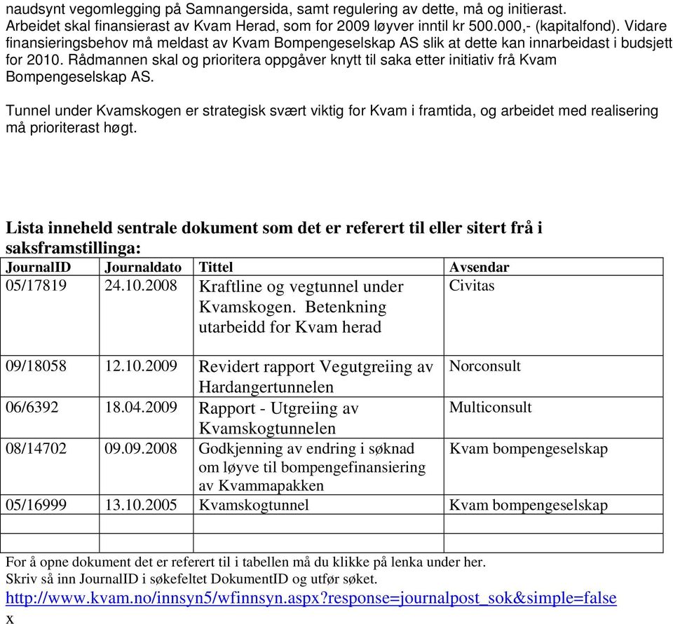 Rådmannen skal og prioritera oppgåver knytt til saka etter initiativ frå Kvam Bompengeselskap AS.