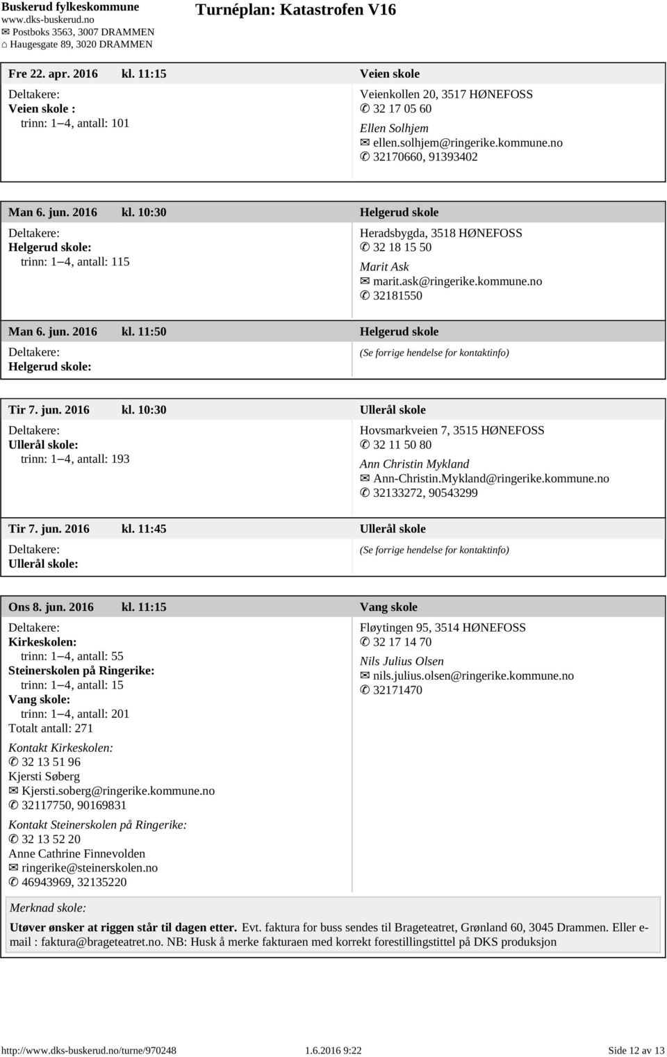 11:50 Helgerud skole Helgerud skole: Tir 7. jun. 2016 kl. 10:30 Ullerål skole Ullerål skole: trinn: 1 4, antall: 193 Hovsmarkveien 7, 3515 HØNEFOSS 32 11 50 80 Ann Christin Mykland Ann-Christin.