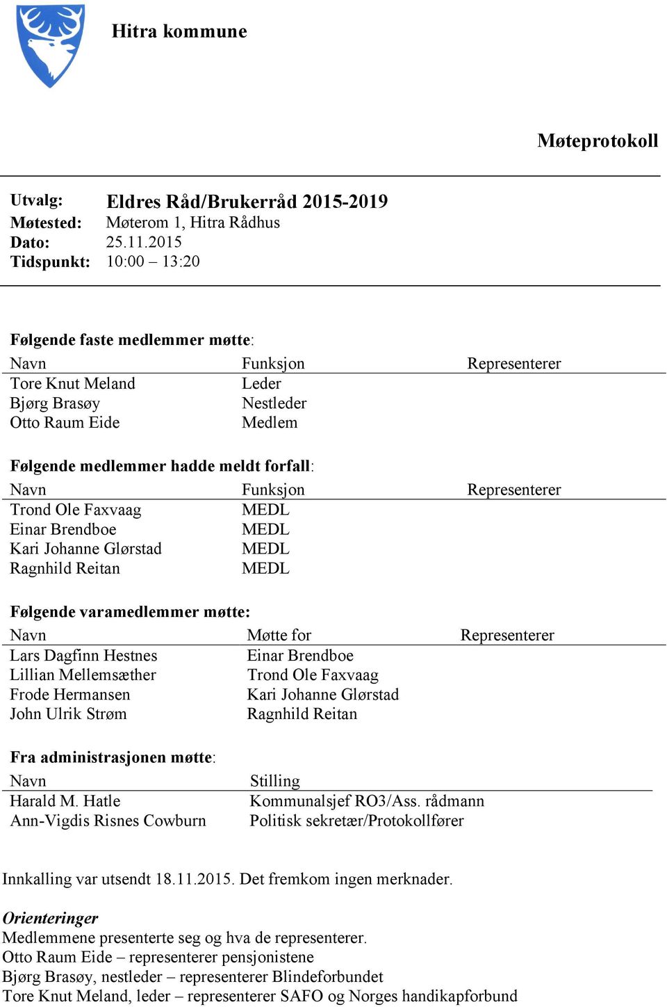 Navn Funksjon Representerer Trond Ole Faxvaag MEDL Einar Brendboe MEDL Kari Johanne Glørstad MEDL Ragnhild Reitan MEDL Følgende varamedlemmer møtte: Navn Møtte for Representerer Lars Dagfinn Hestnes