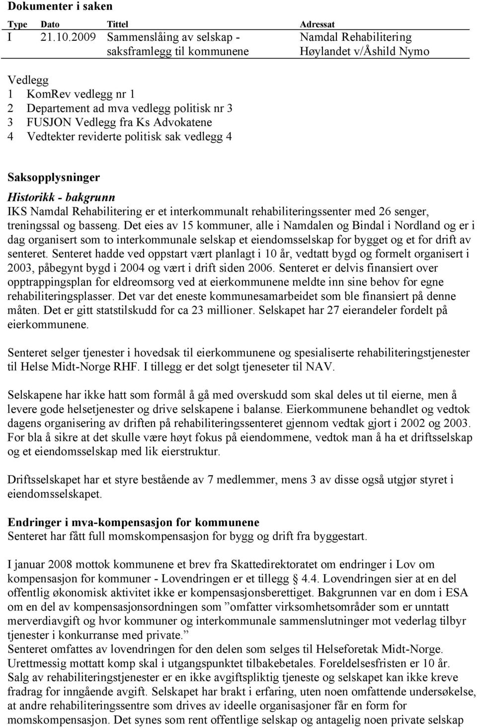 sak vedlegg 4 Namdal Rehabilitering Høylandet v/åshild Nymo Saksopplysninger Historikk - bakgrunn IKS Namdal Rehabilitering er et interkommunalt rehabiliteringssenter med 26 senger, treningssal og