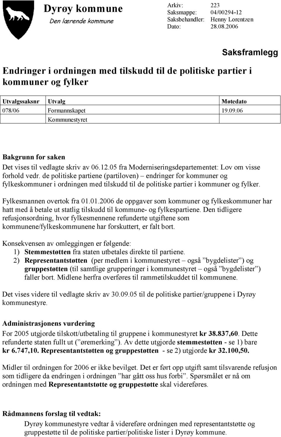 de politiske partiene (partiloven) endringer for kommuner og fylkeskommuner i ordningen med tilskudd til de politiske partier i kommuner og fylker. Fylkesmannen overtok fra 01.