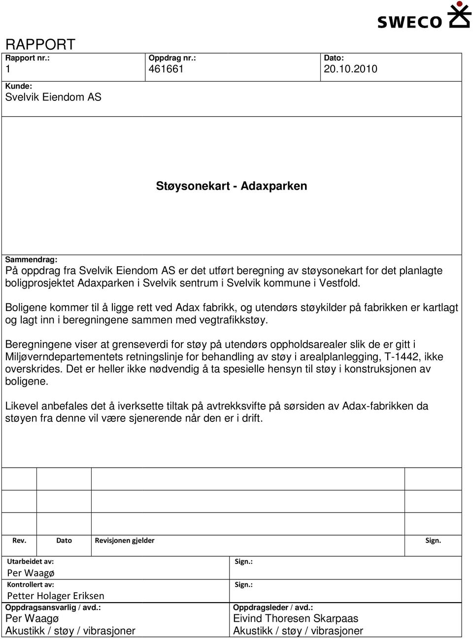 kommune i Vestfold. Boligene kommer til å ligge rett ved Adax fabrikk, og utendørs støykilder på fabrikken er kartlagt og lagt inn i beregningene sammen med vegtrafikkstøy.