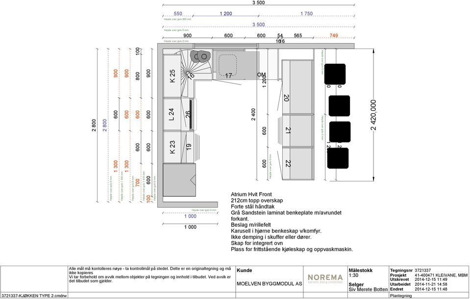 overskap Forte stål håndtak Grå Sandstein laminat benkeplate m/avrundet forkant. Beslag m/rillefelt Karusell i hjørne benkeskap v/komfyr.