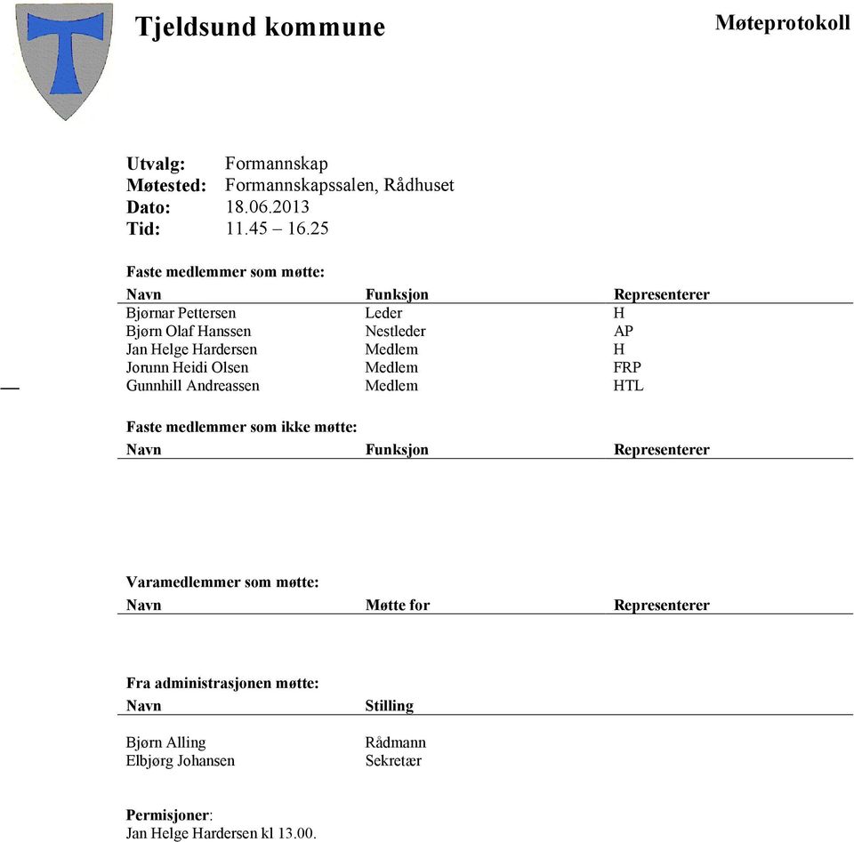 H Jorunn Heidi Olsen Medlem FRP Gunnhill Andreassen Medlem HTL Faste medlemmer som ikke møtte: Navn Funksjon Representerer Varamedlemmer som