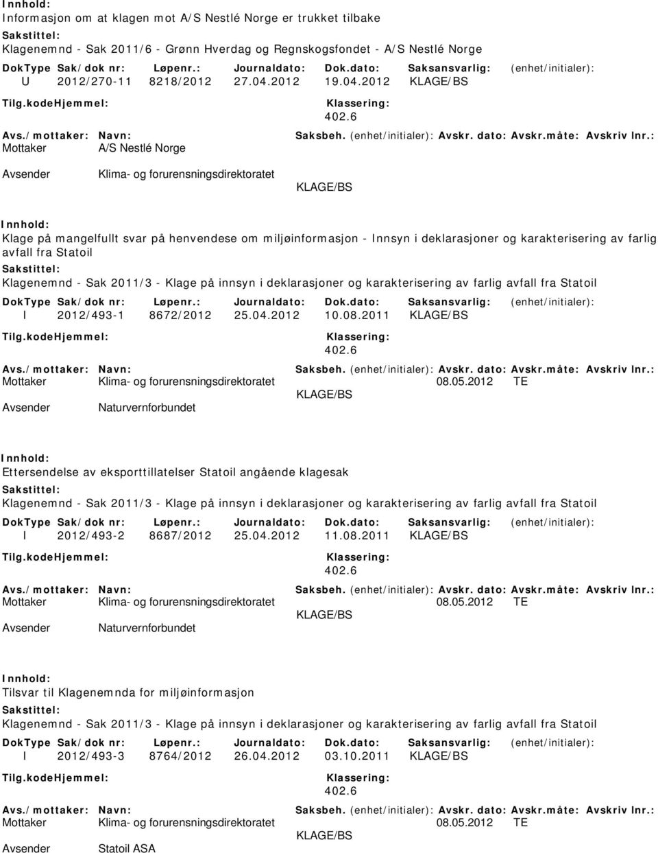 2012 Mottaker A/S Nestlé Norge Klage på mangelfullt svar på henvendese om miljøinformasjon - Innsyn i deklarasjoner og karakterisering av farlig avfall fra Statoil I 2012/493-1