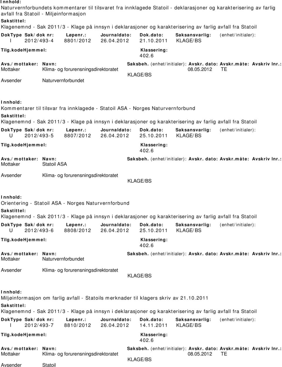 2012 TE Naturvernforbundet Kommentarer til tilsvar fra innklagede - Statoil ASA - Norges Naturvernforbund U 2012/493-5 8807/2012 26.04.2012 25.10.