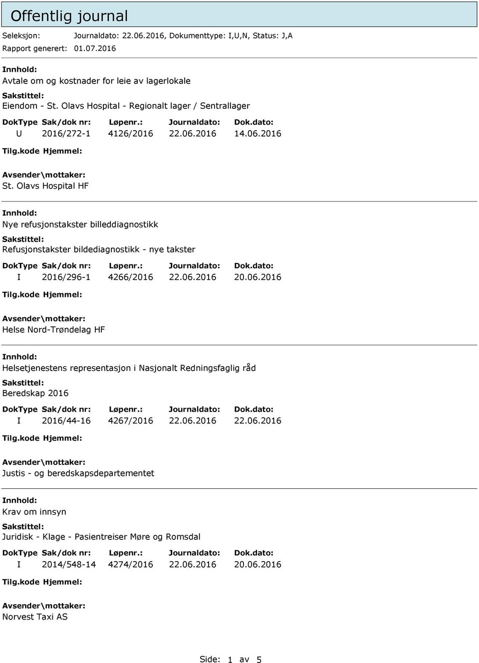 Olavs Hospital HF Nye refusjonstakster billeddiagnostikk Refusjonstakster bildediagnostikk - nye takster 2016/296-1 4266/2016 Helse Nord-Trøndelag HF