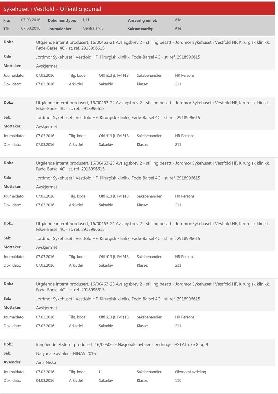 2918996615 tgående internt produsert, 16/00463-22 Avslagsbrev 2 - stilling besatt - Jordmor Sykehuset i Vestfold HF, Kirurgisk klinikk, Føde-Barsel 4C - st. ref.