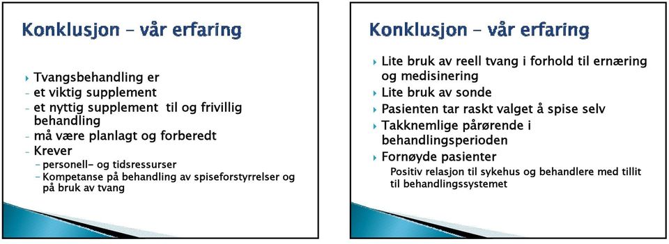 bruk av reell tvang i forhold til ernæring og medisinering Lite bruk av sonde Pasienten tar raskt valget å spise selv