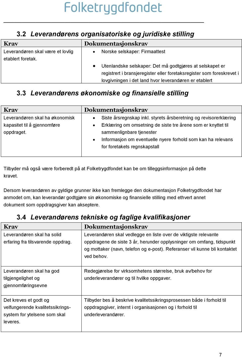 3 Leverandørens økonomiske og finansielle stilling Krav Leverandøren skal ha økonomisk kapasitet til å gjennomføre oppdraget. Dokumentasjonskrav Siste årsregnskap inkl.