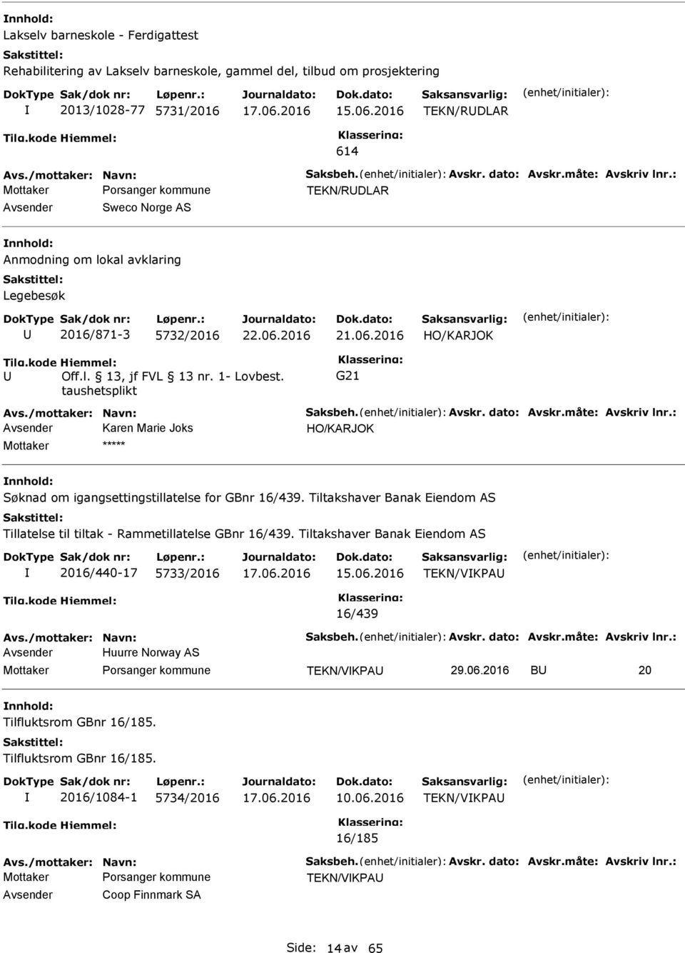 /mottaker: Navn: Saksbeh. Avskr. dato: Avskr.måte: Avskriv lnr.: Avsender Huurre Norway AS TEKN/VIKPAU 29.06.