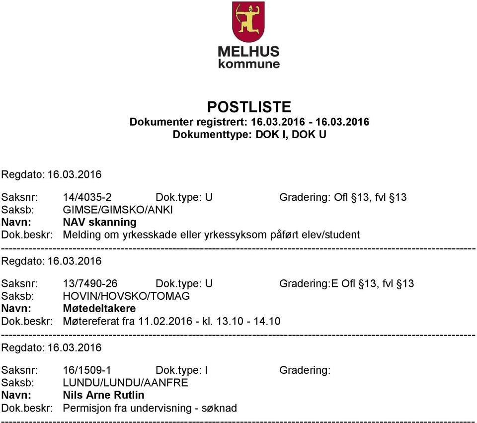 type: U Gradering:E Ofl 13, fvl 13 Saksb: HOVIN/HOVSKO/TOMAG Navn: Møtedeltakere Dok.beskr: Møtereferat fra 11.02.