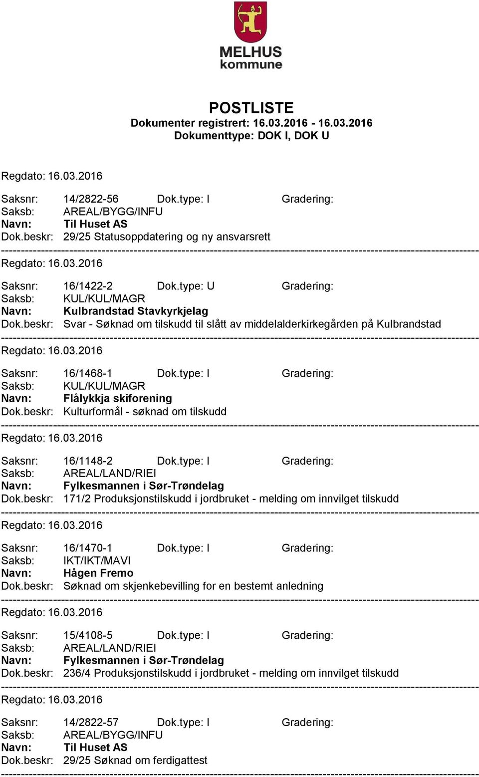 beskr: Kulturformål - søknad om tilskudd Saksnr: 16/1148-2 Dok.type: I Gradering: Saksb: AREAL/LAND/RIEI Navn: Fylkesmannen i Sør-Trøndelag Dok.