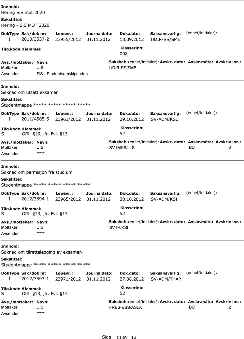 2011/4505-5 23963/2012 V-ADM/KL Mottaker V-MK/JL B 6 nnhold: øknad om permisjon fra studium tudentmappe ***** ***** ***** *****