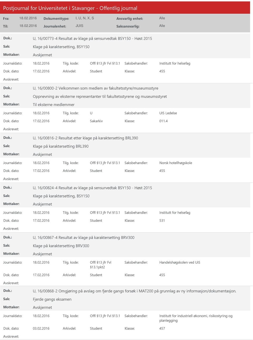 4, 16/00816-2 Resultat etter klage på karaktersetting BRL390 Klage på karaktersetting BRL390, 16/00824-4 Resultat av klage på sensurvedtak BSY150 - Høst 2015 Klage på karaktersetting, BSY150 531,